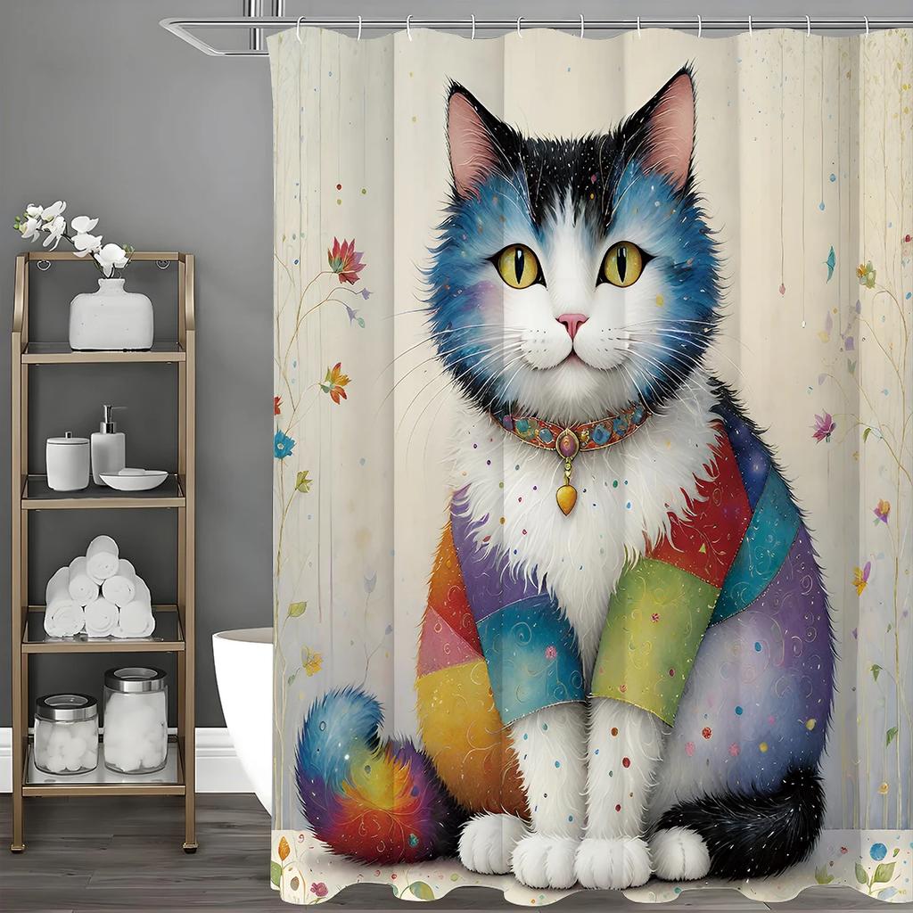 Cute Cat Floral Shower Curtain, Bathroom Decorative Shower Curtain, Waterproof Shower Curtain with Hooks