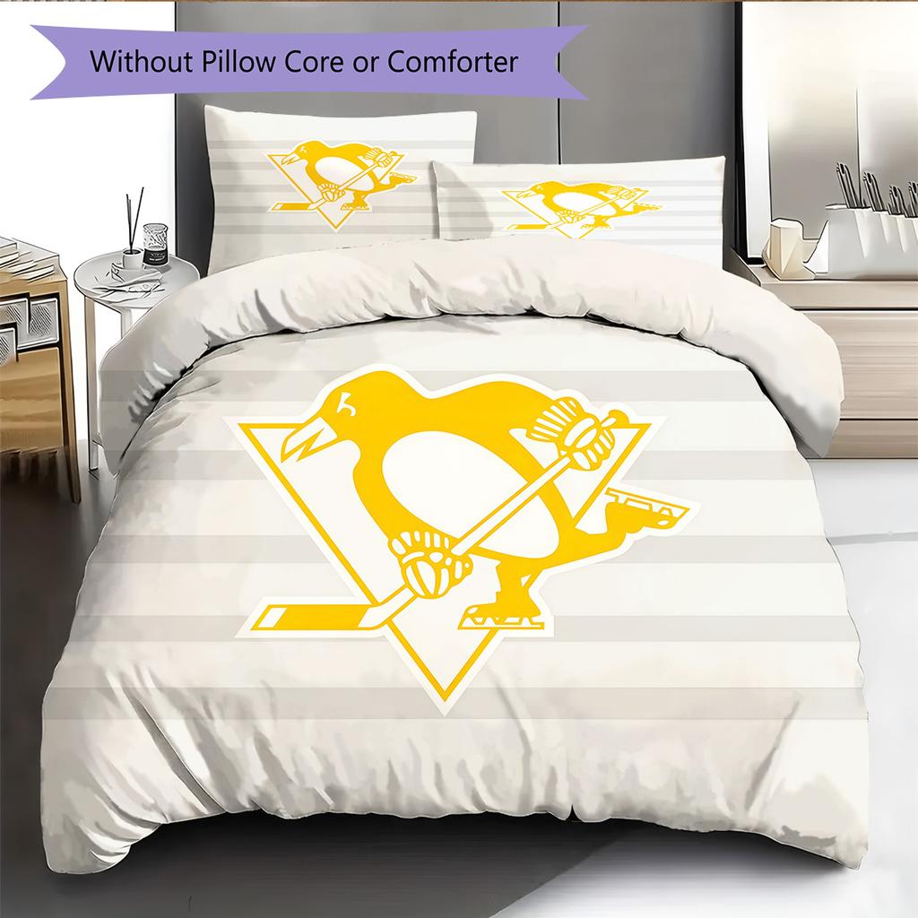 Pittsburgh Penguins Pattern Bedding Quilt Set Home Decoration Gift (1 * Duvet Cover + 2 * Pillowcase Without Core)