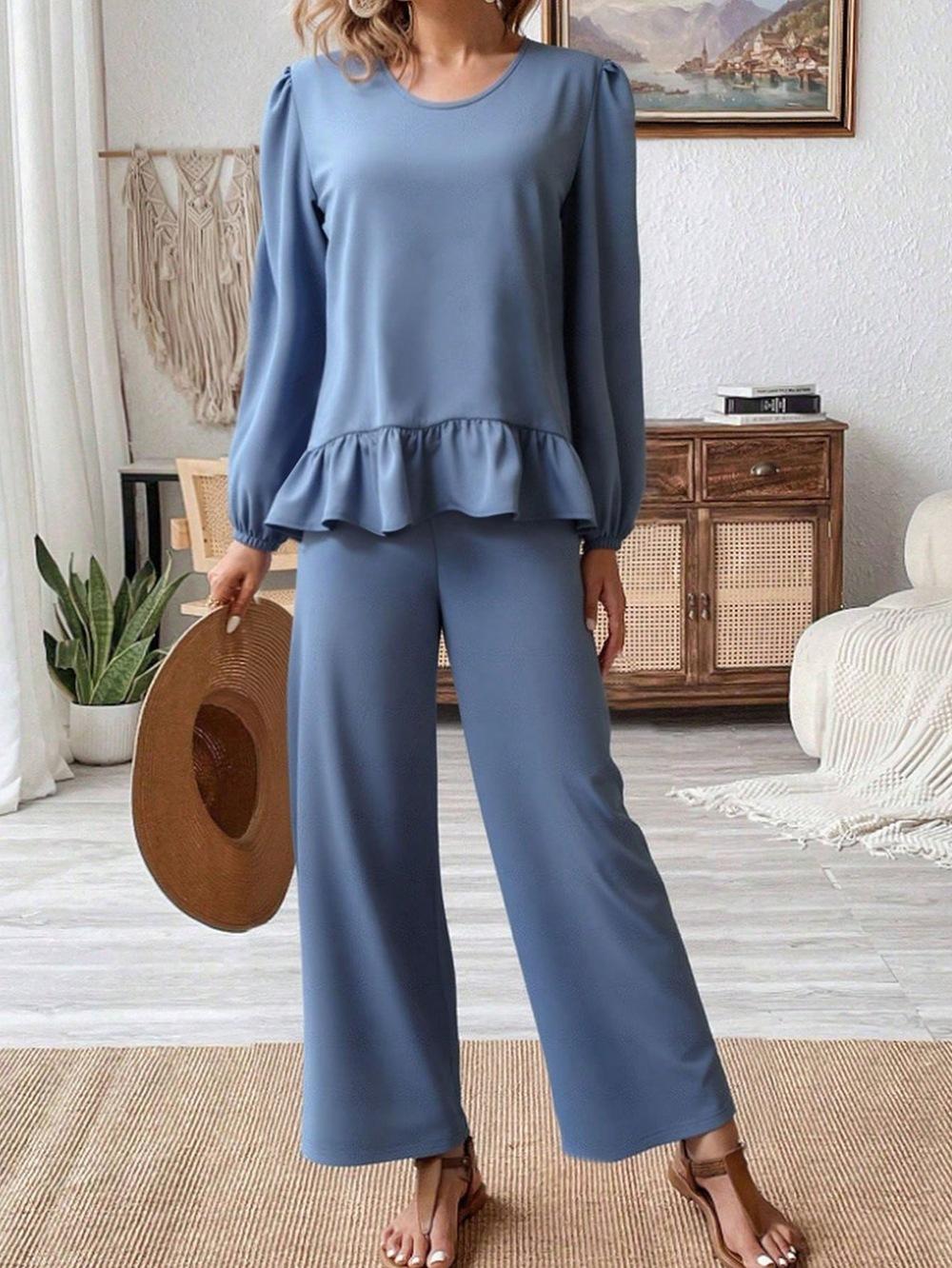 European and American foreign trade women s clothing popular ruffle leaf edge round neck long sleeve casual suit women S королевский синий