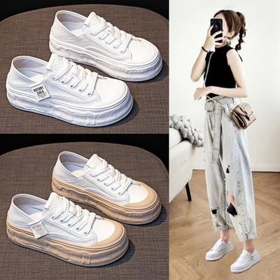 Chaussures Blanches en Cuir Véritable pour Femmes Printemps Nouvelles Chaussures Biscuit à Semelle Épaisse Polyvalentes Décontractées Deux Façons de Porter Chaussures de Planche Chaussures Simples pour Femmes