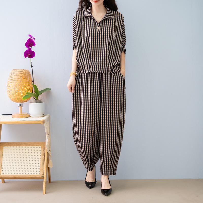 Plus Size Ethnic Style Women's Striped T-Shirt and Joggers Set for Middle-Aged Moms