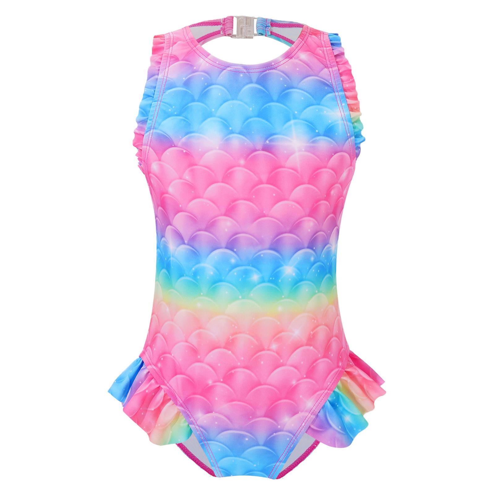 

Girls Mermaid Bathing Suit Sleeveless Open Back Design Fish Scales Print Ruffle Jumpsuit Athletic Swimwear Set 11-12 Years