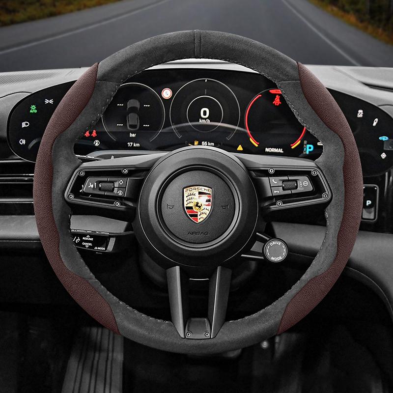 

For Porsche Suede Snap-on Steering Wheel Cover Fit Macan Cayenne 911 Taycan Panamera 918 718 Warm Steering Wheel Accessories