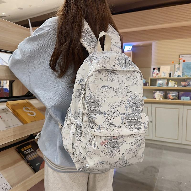 Zaino in Nylon Stampato Paesaggio Stile Cinese con Grande Capacità e Tasche Multiple Adatto per l'Uso Quotidiano e Studentesco Come Zaino Studentesco