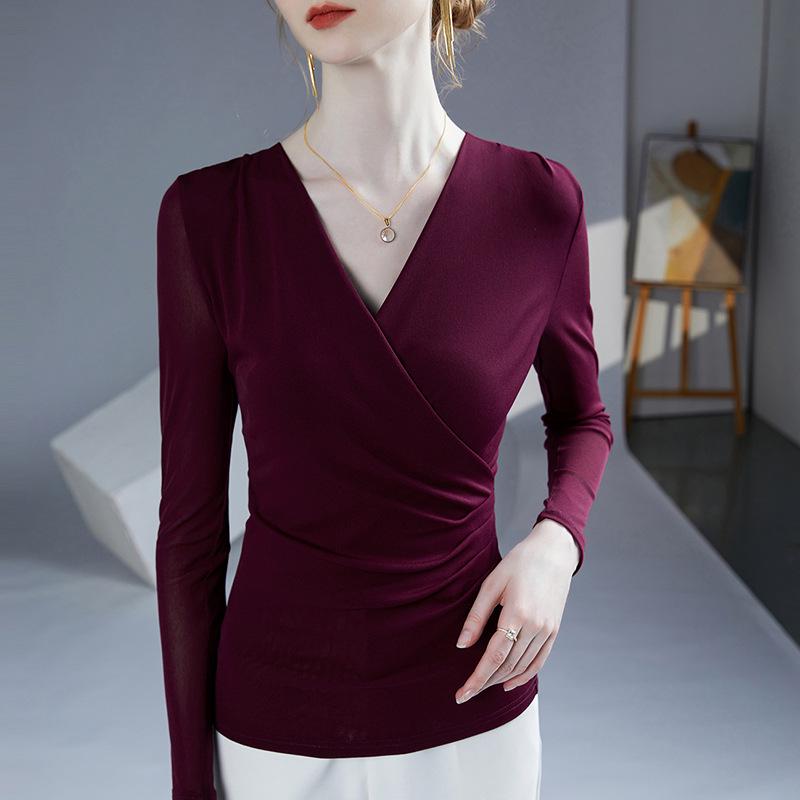 Wiosna i Jesień 2025 Damski Top z Plisowanej Siateczki z Dekoltem w Serek