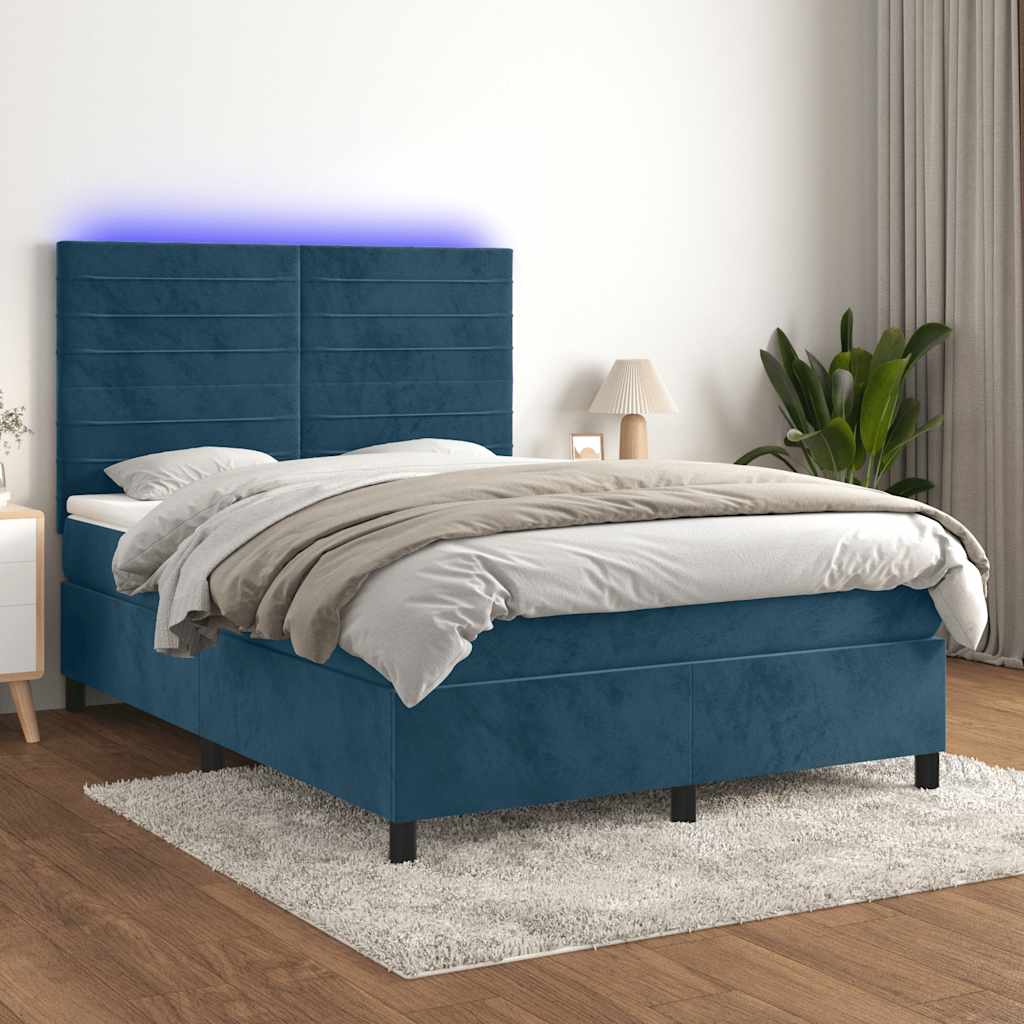 Box Spring Bed with Mattress & LED Lighting Dark Blue 140x200 cm Velvet