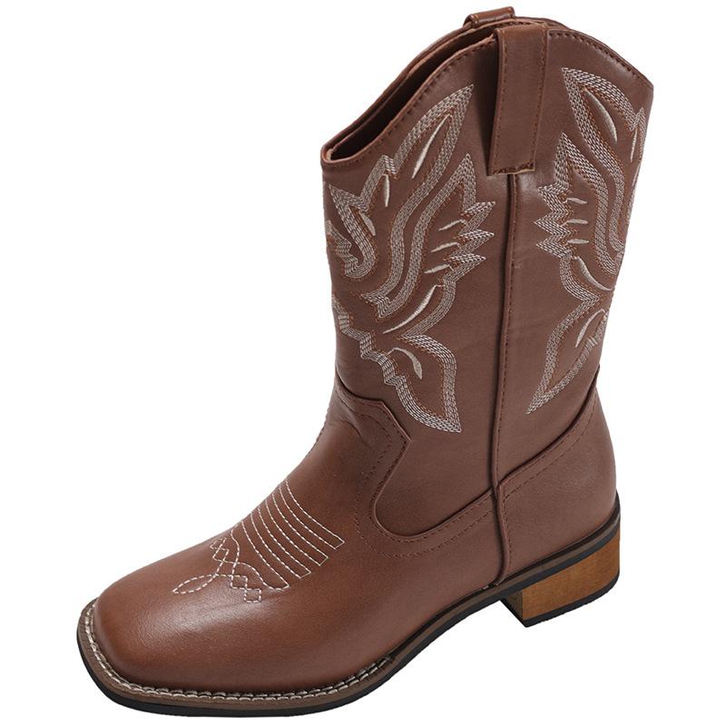 Queen Fan Brown Retro Thick Heel Western Cowboy Boots Women's 2025 New Autumn with Skirt Skinny Short Boots