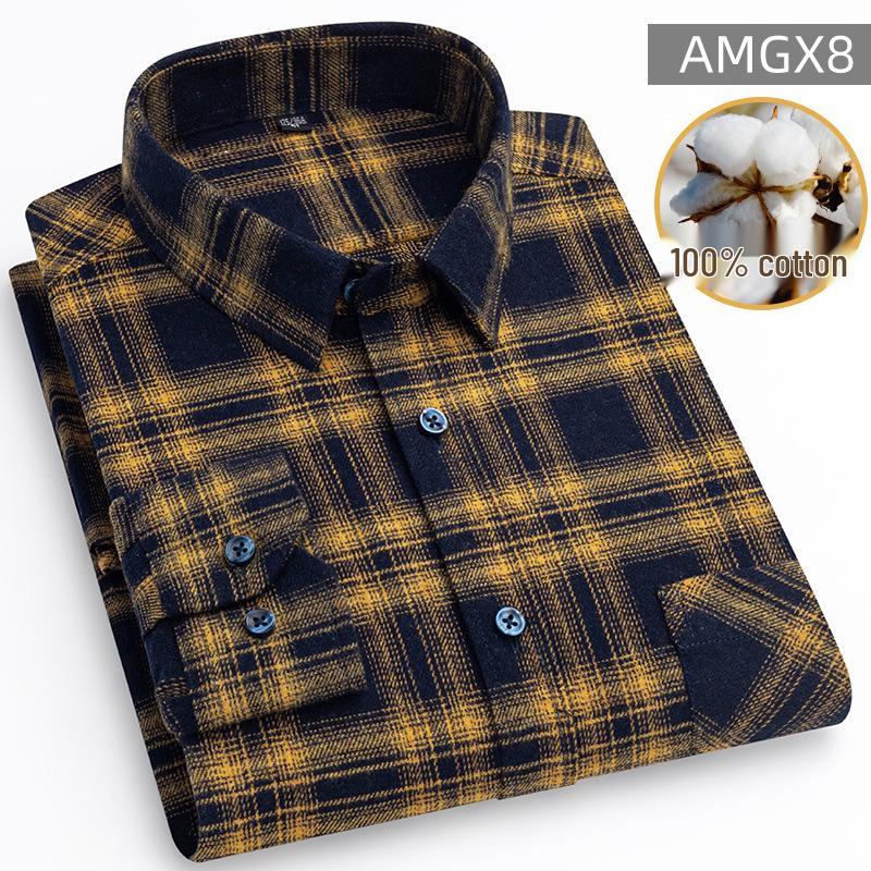 New Men's Plus Size Brushed Cotton Plaid Long Sleeve Shirt for Middle-Aged & Elderly with Straight Hem
