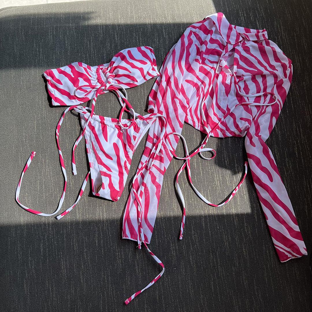 

Бикини с принтом зебры, женский купальник, женский купальник, комплект бикини из трех частей с накидкой, купальный костюм для плавания S розовый