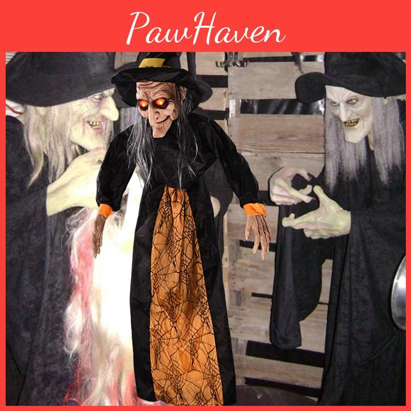 Lebensgroße animierte Hexe Halloween-Dekoration mit LED-Augen und gruseligen Geräuschen