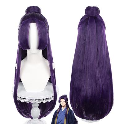 Jinshi Cosplay Wig Anime Long Dark Purple With Bun Heat Resistant Synthetic Hair Party Unisex Wigs + Wig Cap