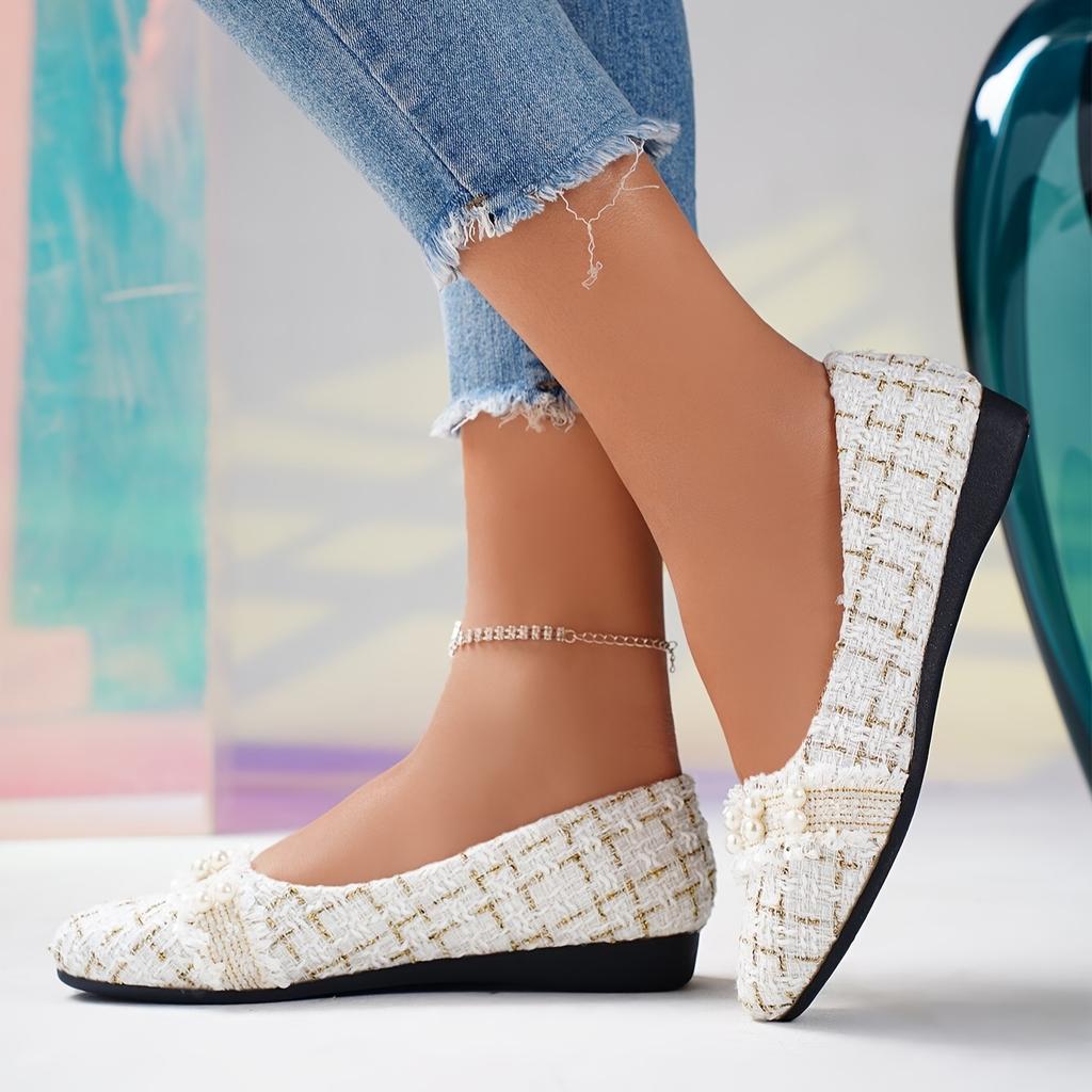Eleganti Scarpe da Donna Bianche Mary Jane - Slip-On a Punta Tonda Piatte con Cinturino Decorato a Frange tipo Pizzo, Soletta Interna Ammortizzata in PU e Suola in TPU