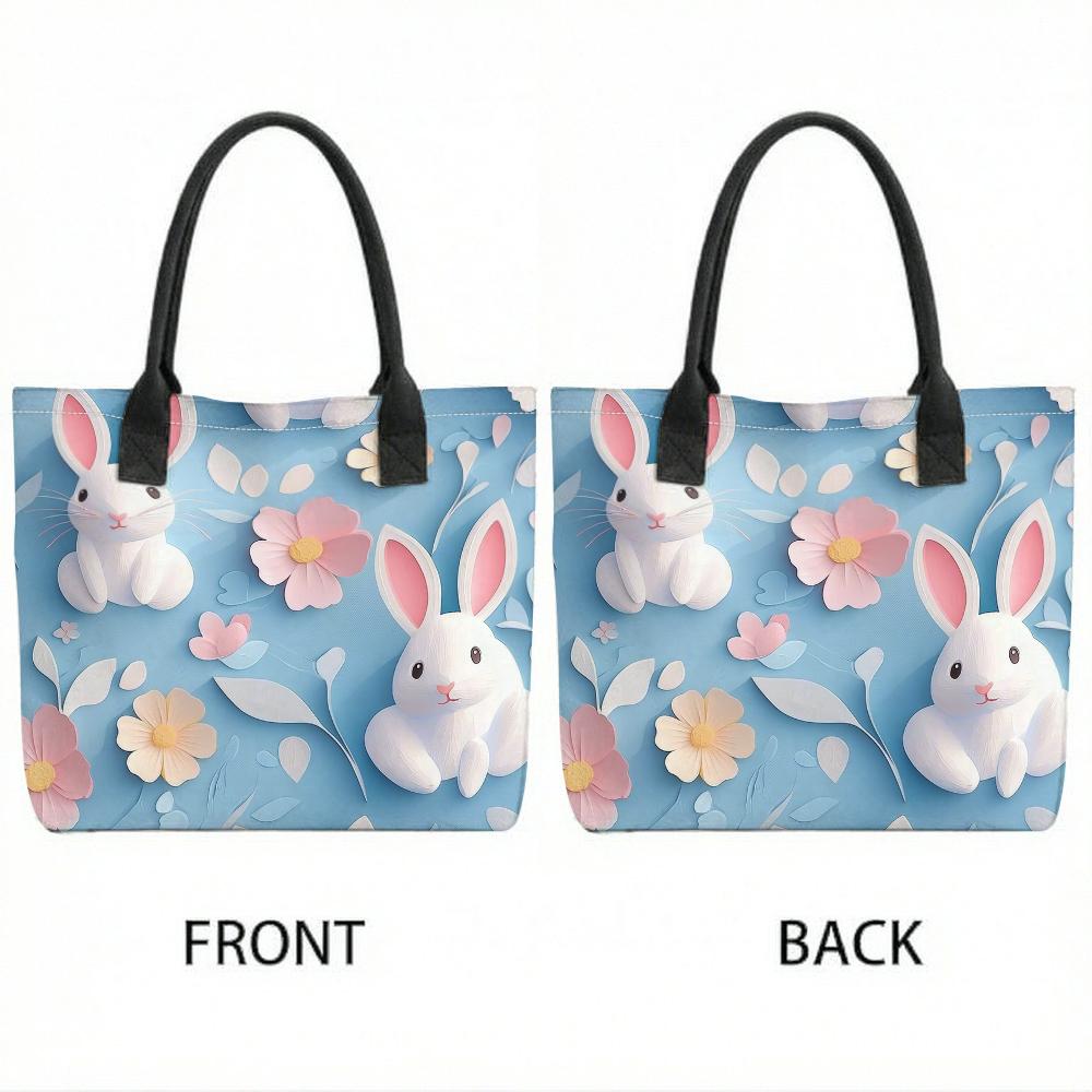 Cute Bunny Floral Canvas Tote Bag for Daily Use
