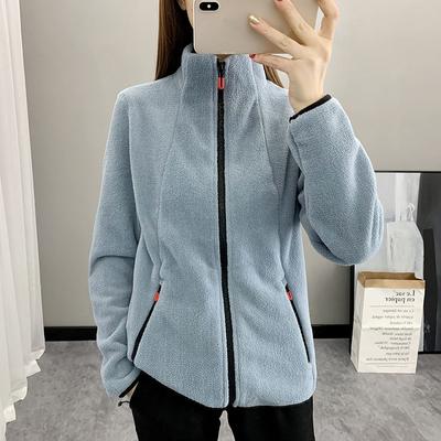 Winter Fleece Hiking Jacket Women Thicked Fluggy Climbing Running Sweatshirt Double Side Zipper Stand Collar Sport Coat