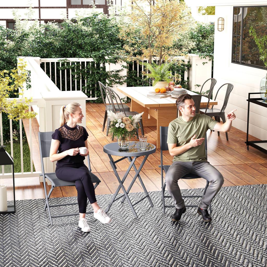 3 Pieces Outdoor Bistro Set Glass Top Outdoor Table And 2 Folding Chairs With Protecting Feet Grey