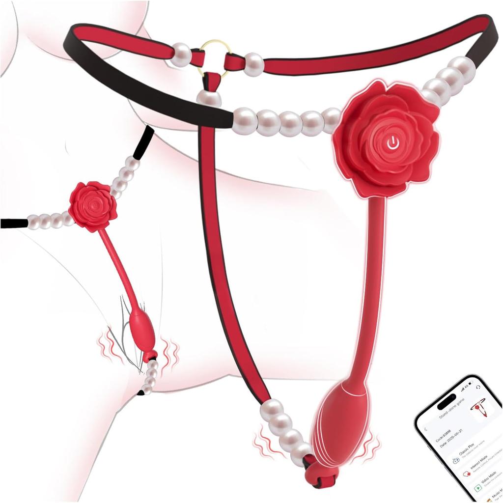 Women's Couple Rose Pearl Thong Wearable Panty Vibrator, BDSM, App Controll Clitoral Vaginal Anal Vibrator, Bondage Clitoral Sex Toy