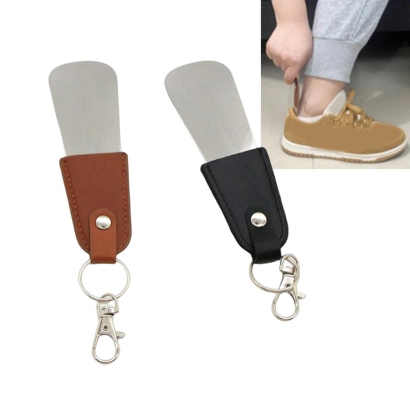 Stainless Steel Shoe Horn With Leather Strap and Keychain Compact Portable Design For Travel Kids Elderly Footwear Aid