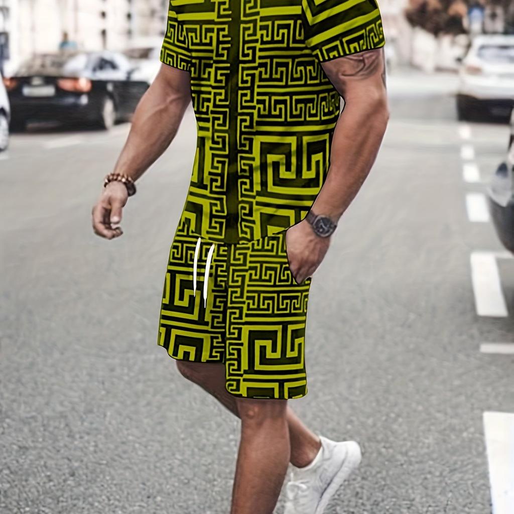 2ks pyžamová sada pro pánské 3D plošné spoje s potiskem - Pohodlné společenské oblečení se Slim Fit topy a šortkami pro sport a fitness