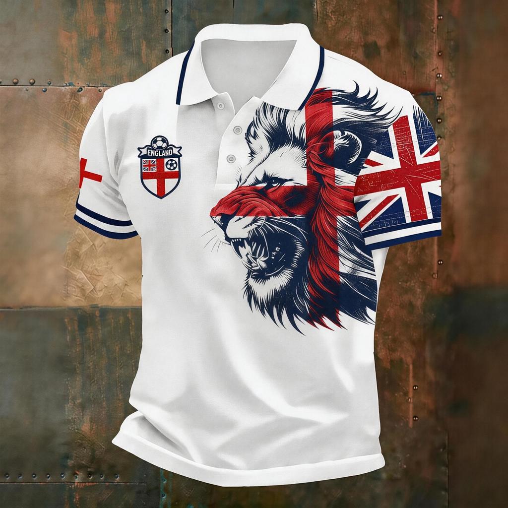 Men's Football Polo Shirt England Inspired Classic Fit Short Sleeve Sports Jersey Breathable Lightweight Fabric