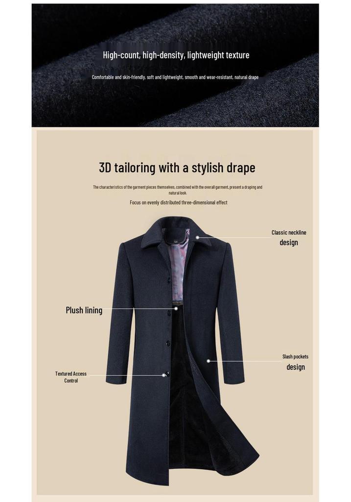 Men's Over-the-Knee Woolen Business Coat with Fleece Inner Layer, Autumn/Winter, Middle-Aged Style