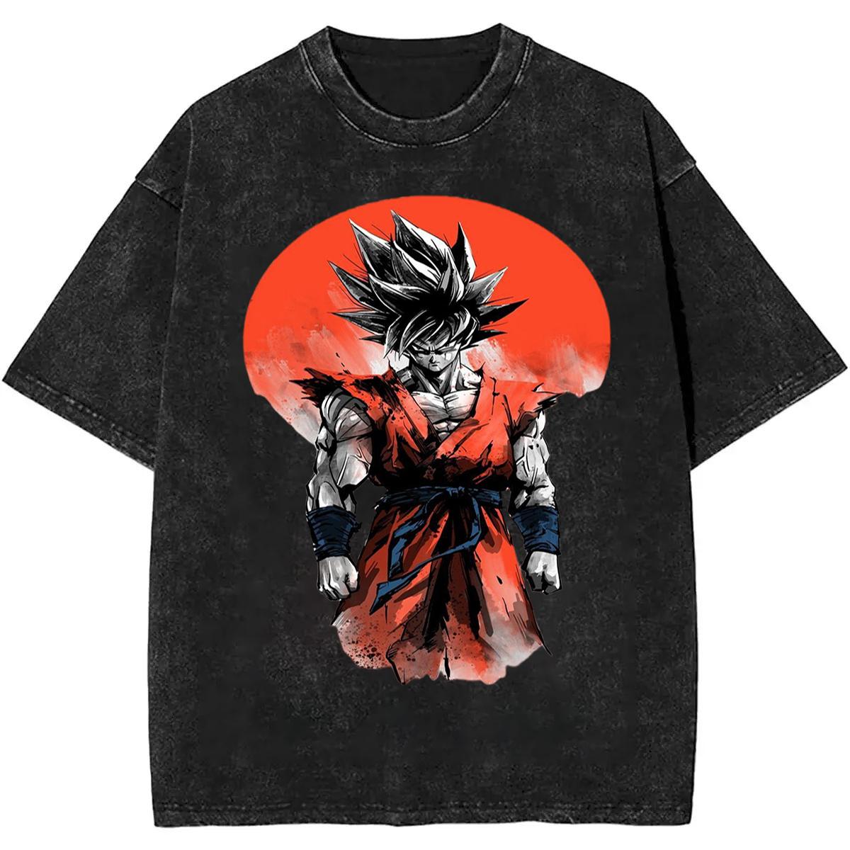 Summer Dragon Ball Ink Art Goku Nostalgic Washed Men TShirt Cotton Heavyweight Retro Street Style Breathable Unisex Top M