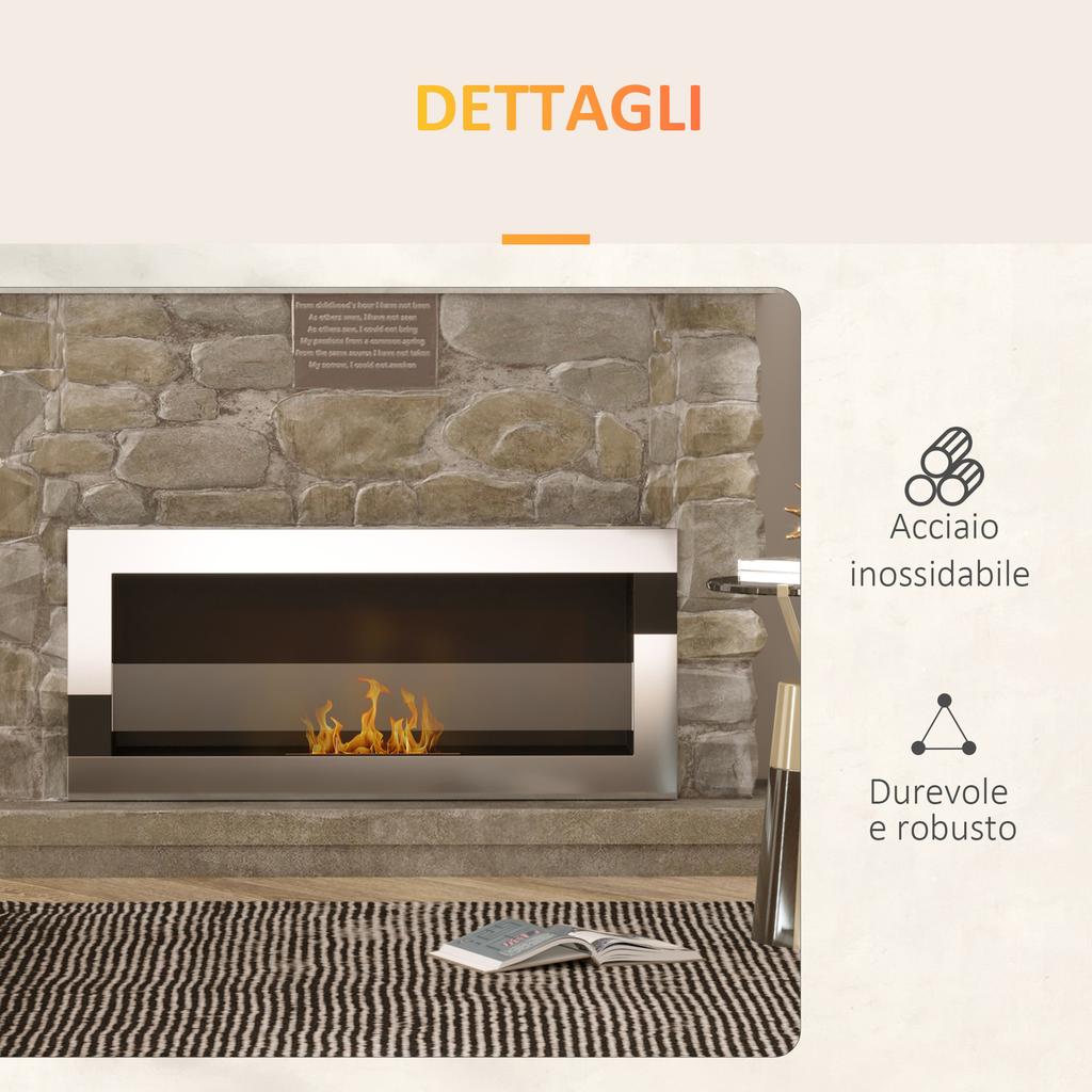 Camino a Bioetanolo in Acciaio Inossidabile, 2,5h di Combustione con Serbatoio da 1,5L e Copertura 20m², 90x16x40 cm, Argento