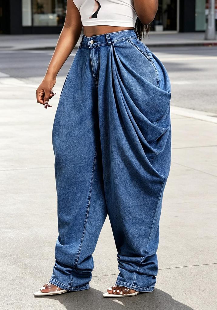 Women's Casual Pleated Vintage Flare Wide Leg Jeans Denim Pants for Everyday Wear