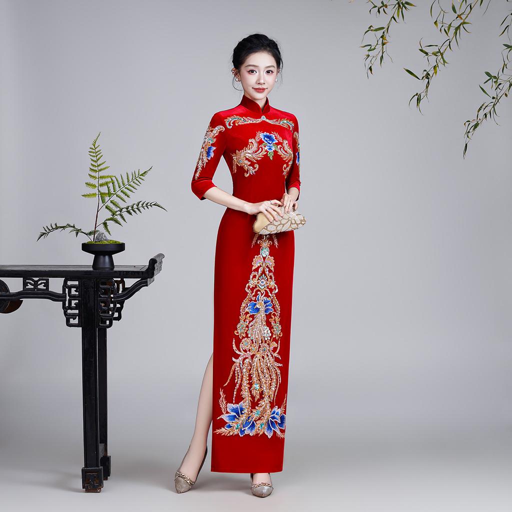 Improved red new Chinese cheongsam 1011 new mother-in-law wedding dress high-end atmospheric performance clothes
