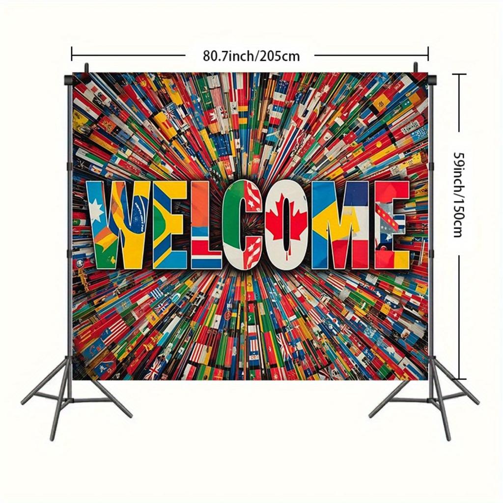 1 Welcome Home Background Banner - Colorful World Flag Design, Durable Polyester Reusable Photography Background Fabric