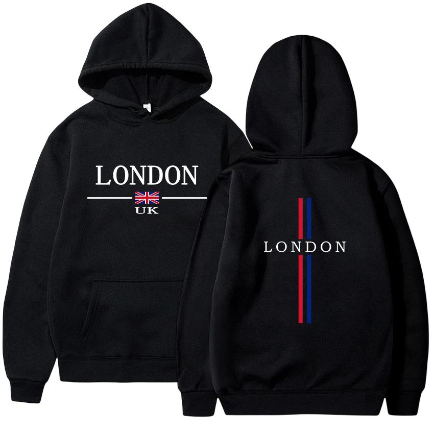 Men's Autumn and Winter Casual Sporty Pullover with the British Flag and the Word "London" Printed, Harajuku Fashionable Hoodie