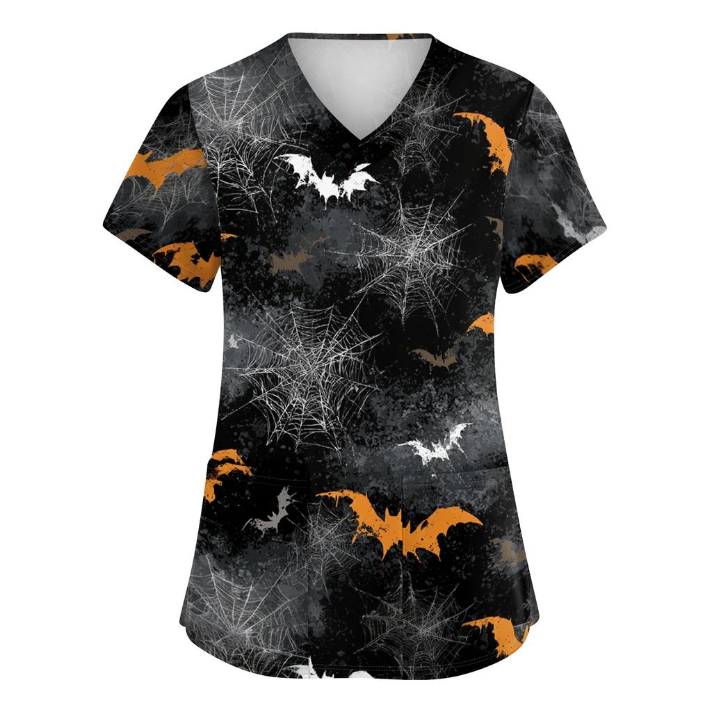 Women's V-Neck Short Sleeve Scrub Top with Pockets Halloween Print Uniform for Work