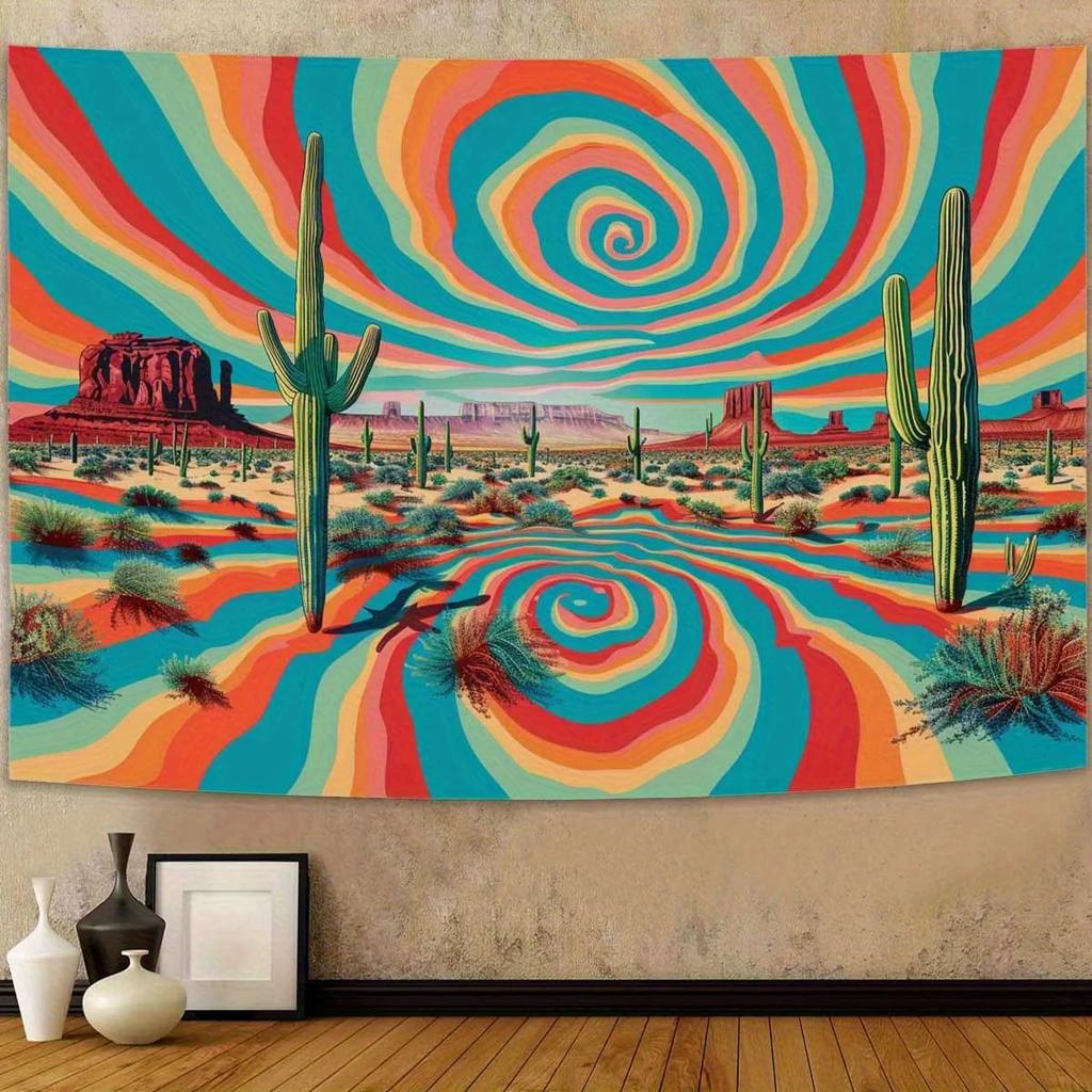 Psychedelic Cactus with colorful tiedye spiral tapestry Psychedelic hippie wall decor for living room bedroom room decor