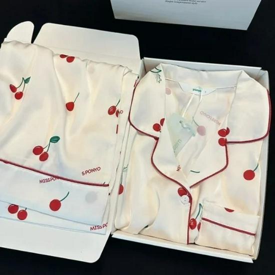 2025 Spring/Autumn Women's Ice Silk Sweet Pajama Set - Long-sleeve, Thin, High-end, Cute, Two-piece Homewear