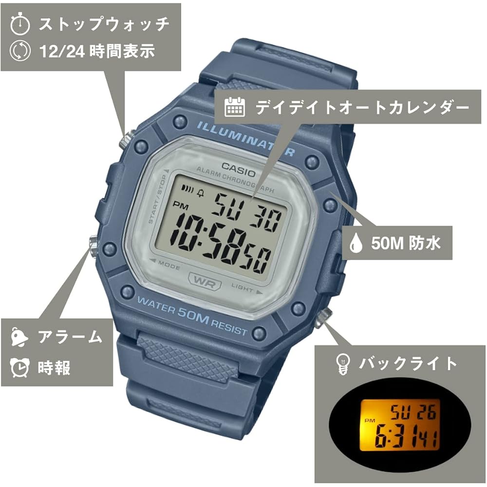 Casio W-218HC Smoky Color Lightweight Waterproof Square Digital Watch for Men, Women, Kids