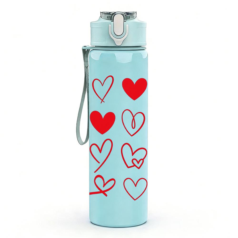 1PC Simple Red Hearts Collage Graphic,750ml Color Plastic Sports Water Bottle,Leakproof Flip Straw Lid,Suitable for Sports Office Home Use
