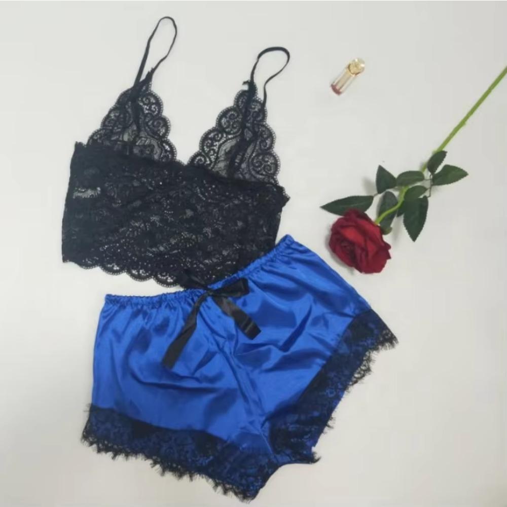 2PcsSet Women'S Pajamas Underwear Sexy Silk Satin Lingerie Women'S Sexy Lace Halter Top Shorts Pajamas Set
