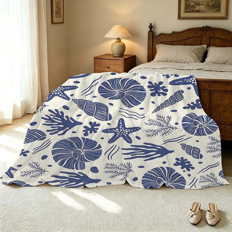 Ocean Themed Flannel Blanket Lightweight Soft Blue & White Throw for Home, Sofa, Window Seat, Halloween & Christmas Decor & Warmth