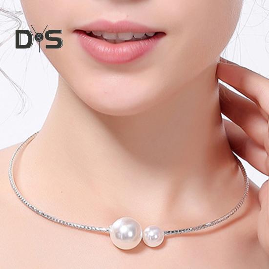 2Pcs/Set Women Elegant Jewelry Set Shiny Rhinestones Faux Pearls Adjustable Open Collar Necklace Bangle Set