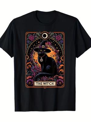 The Witch Cat Tarot Card Halloween Vintage Gothic T-Shirt, 100% Cotton, 220g