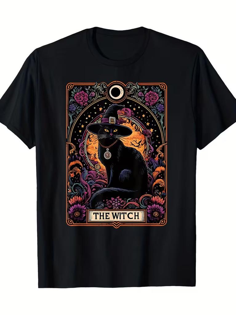The Witch Cat Tarot Card Halloween Vintage Gothic T-Shirt, 100% Cotton, 220g
