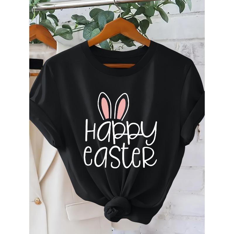 

European Size Happy Easter Simple Fashion Vintage Print Women s Short Sleeve T-Shirt, Spring Summer Daily Commute Casual Versatile Tee 4XL