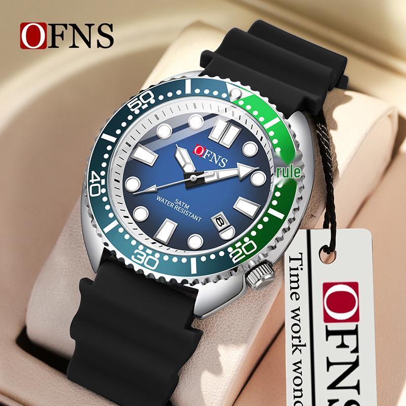 OFNS Men's Quartz Watch: Youth Casual, Waterproof Silicone Strap, Rotating Bezel, Calendar Wristwatch.