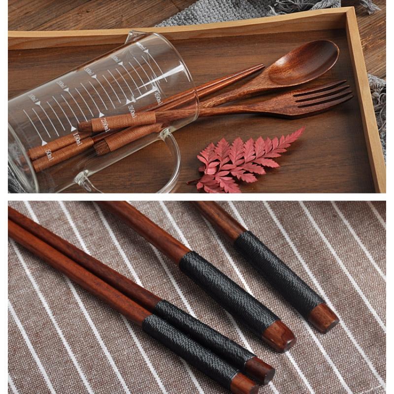 3Pcs Wooden Spoon Fork Dinnerware Set Long Wood Spoon and Fork Set Dessert Soup Spoon Dining Fork Chopsticks Cutlery Tableware