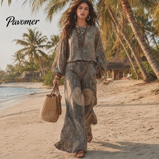 High Waisted Wide Leg Pants Boho Print 2 Piece Sets for Women, Casual Long Sleeve Top Comfortable Loose Fit Clothes Matching Sets, Summer Travel