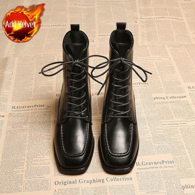 

Модные женские ботильоны из кожи с квадратным носком на каблуке, осенне-зимние, на флисовой подкладке, на шнуровке, женские короткие ботинки, высокое качество, новинка 35