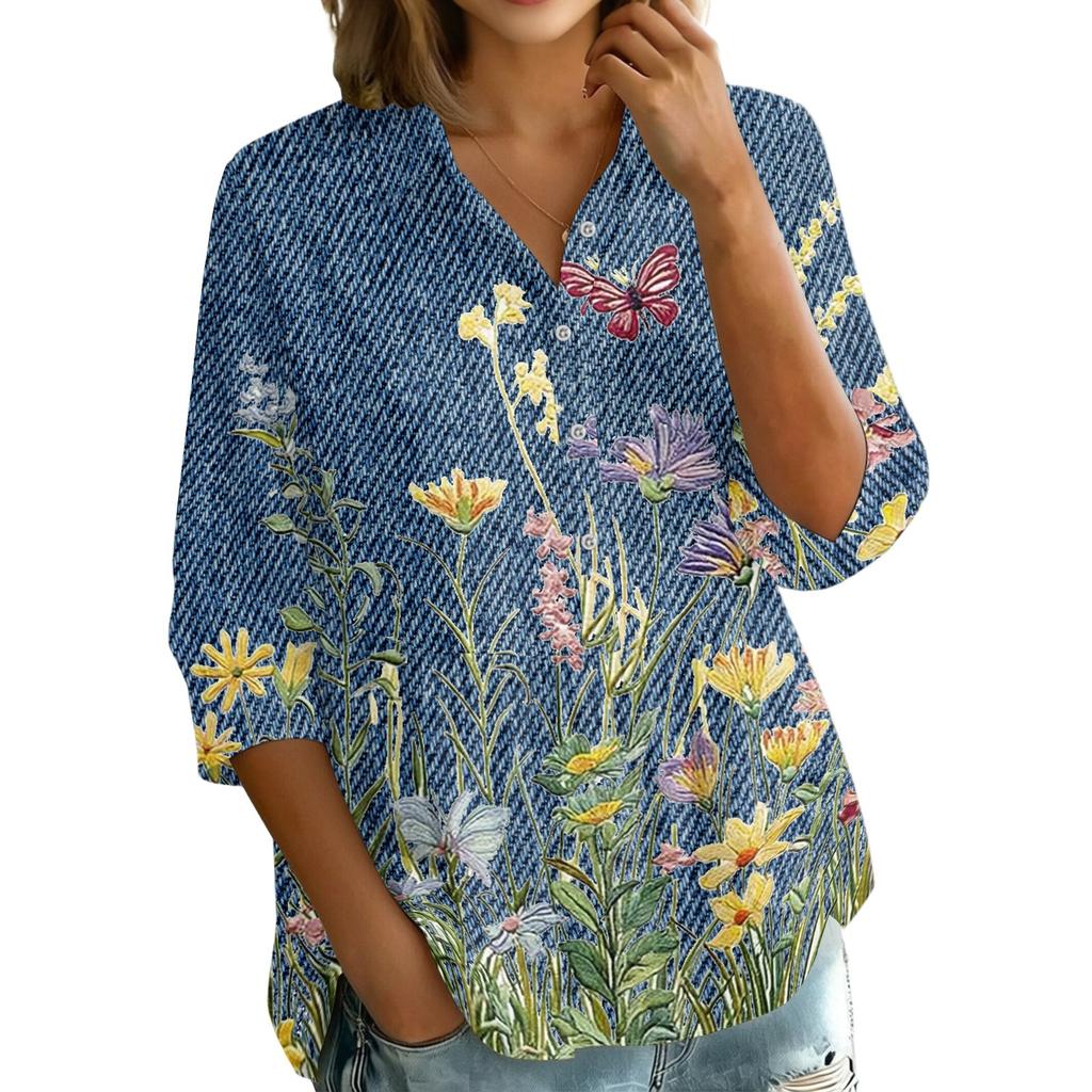 Women's Button Front Shirt Vintage Floral Print Three Quarter Sleeve Loose Fit Blouse with Collar Casual Lightweight Top