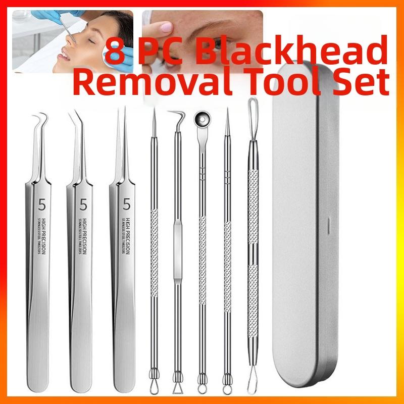 8-Piece Acne Extraction Tool Set In Stainless Steel Box, Professional For Spas And Beauty Salons (Includes Free 10Pcs Pad)