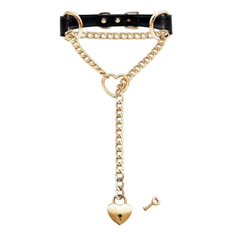 Punk Leather Choker Necklace with Heart Chain Heart Lock Key Gothic Adjustable Collar Neck Jewelry for Women Girls