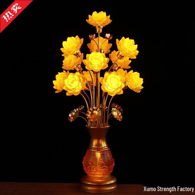 Seven-Color Lotus Lamp for Buddha Offering: Ever-Burning Guanyin Home Decor – Nine Horse Year Edition