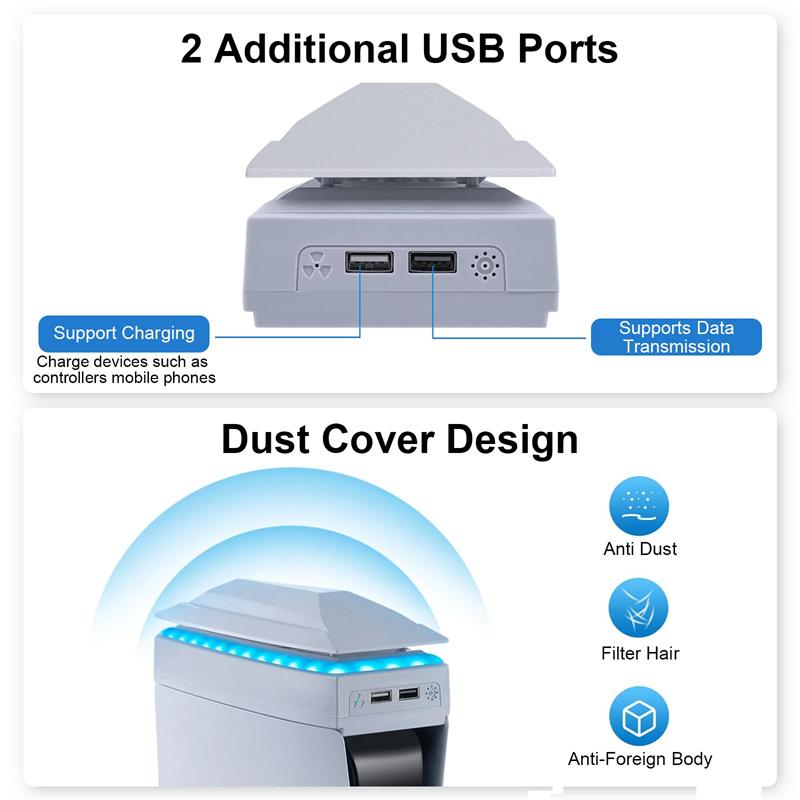 Konsolenlüfter mit Staubschutz Abdeckung Bunte LED-Beleuchtung 2 USB-Anschlüsse Oberer RGB-Lüfter 3 Geschwindigkeitskühler für PS5 Slim Konsole